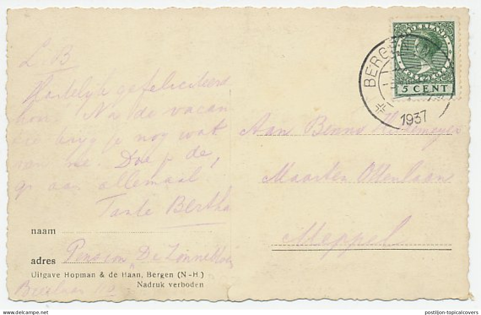 Prentbriefkaart Postkantoor Bergen 1937 - Autres & Non Classés