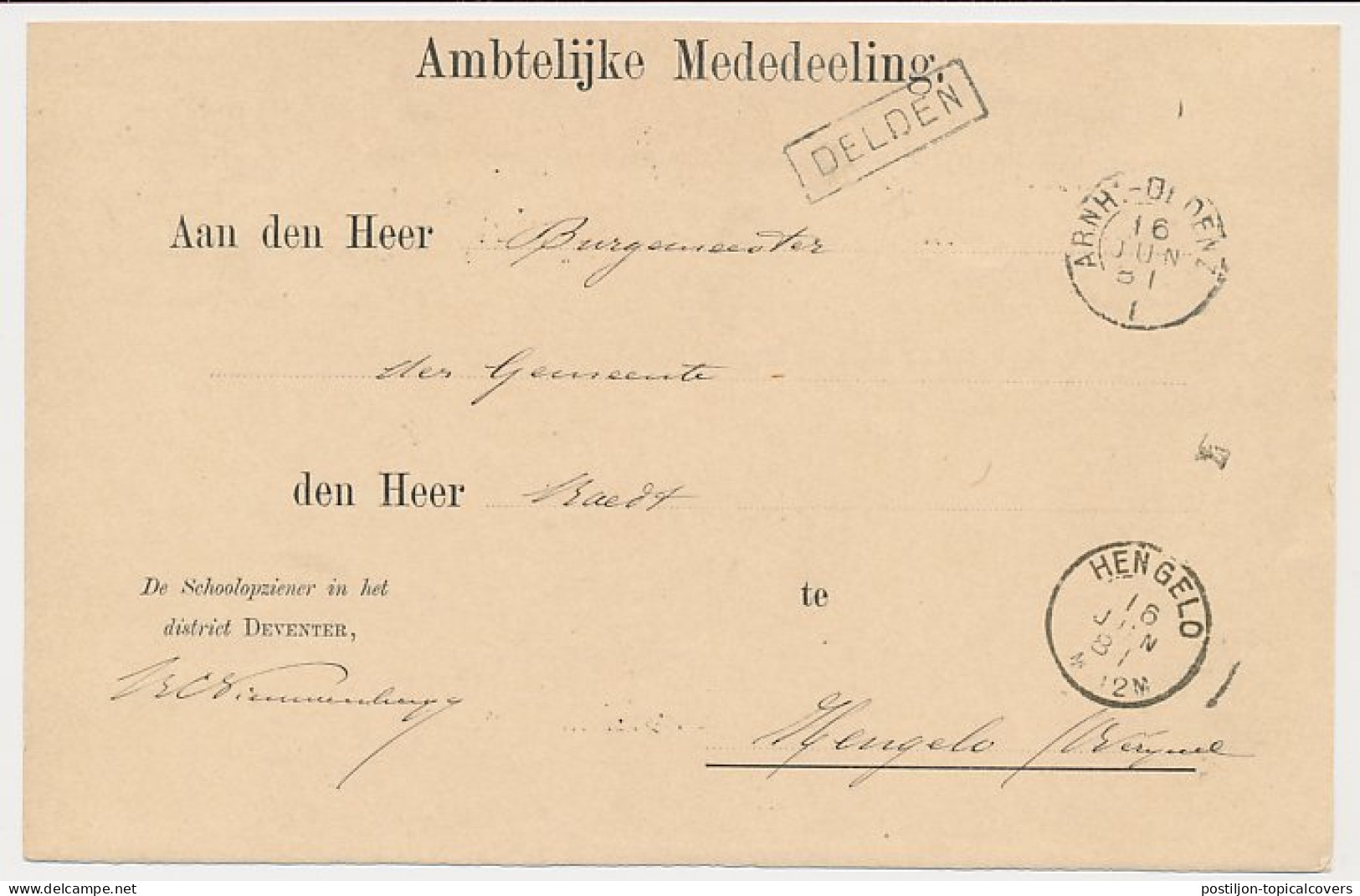 Trein Haltestempel Delden 1881 - Lettres & Documents