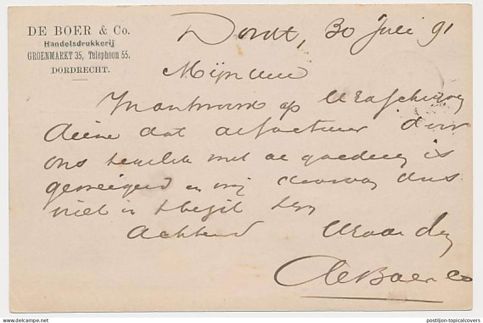 Briefkaart G. 23 Particulier Bedrukt Dordrecht 1891 - Entiers Postaux