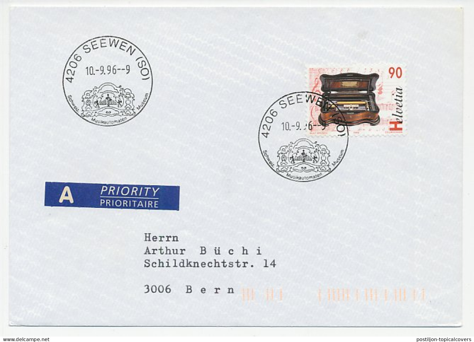 Cover / Postmark Switzerland 1996 Music Automatons - Museum - Musique