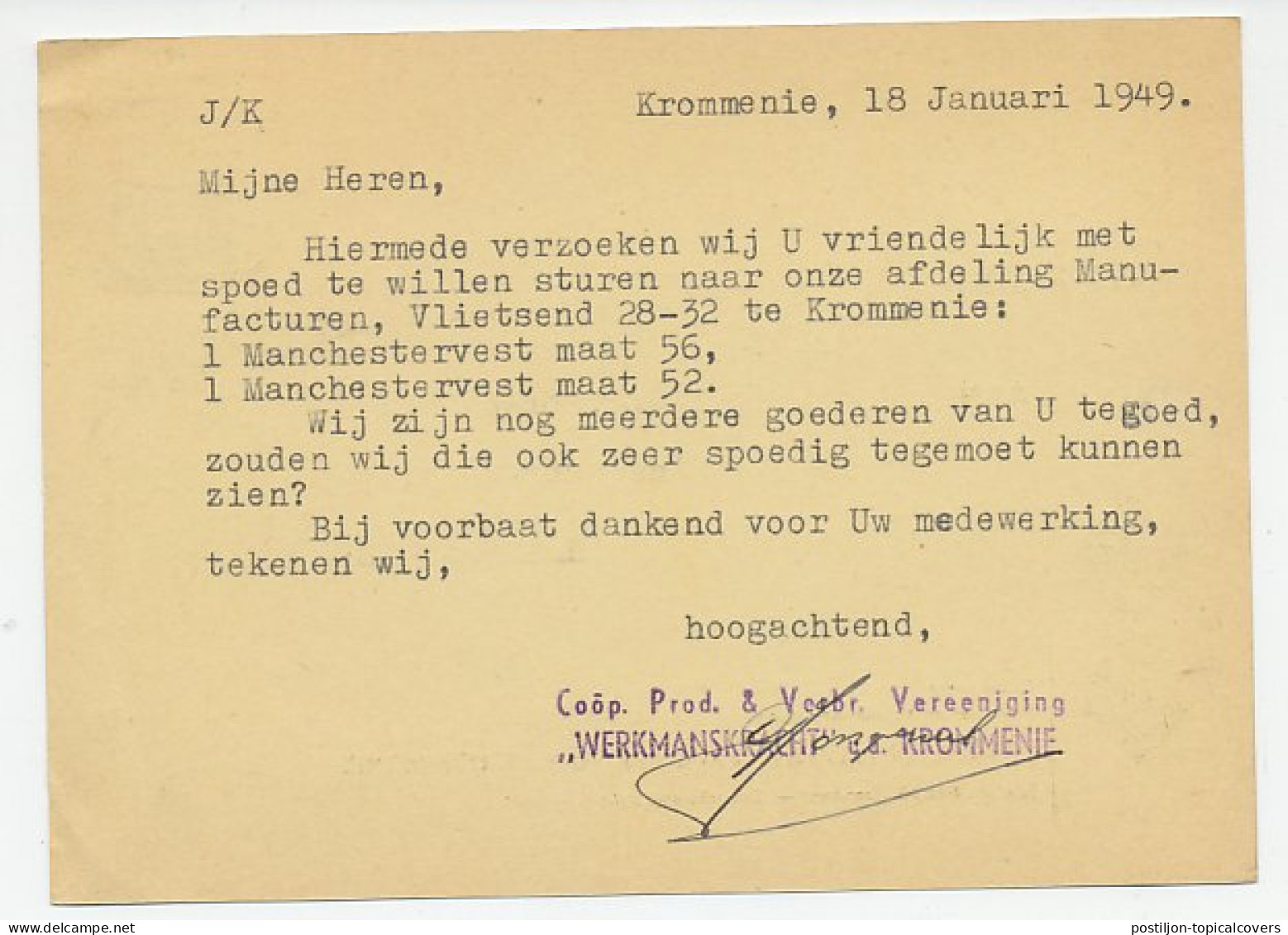 Briefkaart Krommenie 1949 - Cooperatie - Sin Clasificación