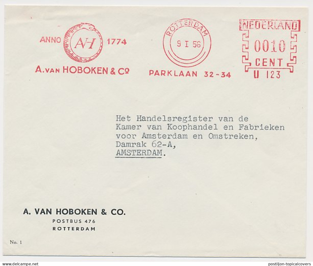 Meter Cover Netherlands 1956 Ouroborus - Snake - Rotterdam - Other & Unclassified