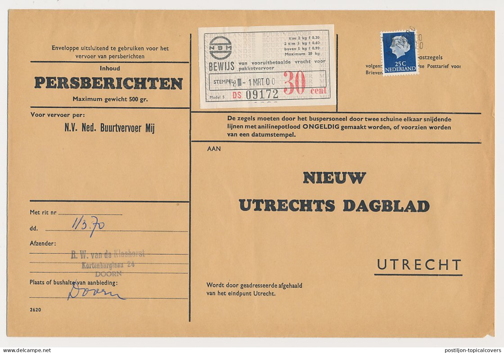 Doorn - Utrecht 1970 - Persbericht - NBM Vrachtzegel 30 Cent - Non Classificati