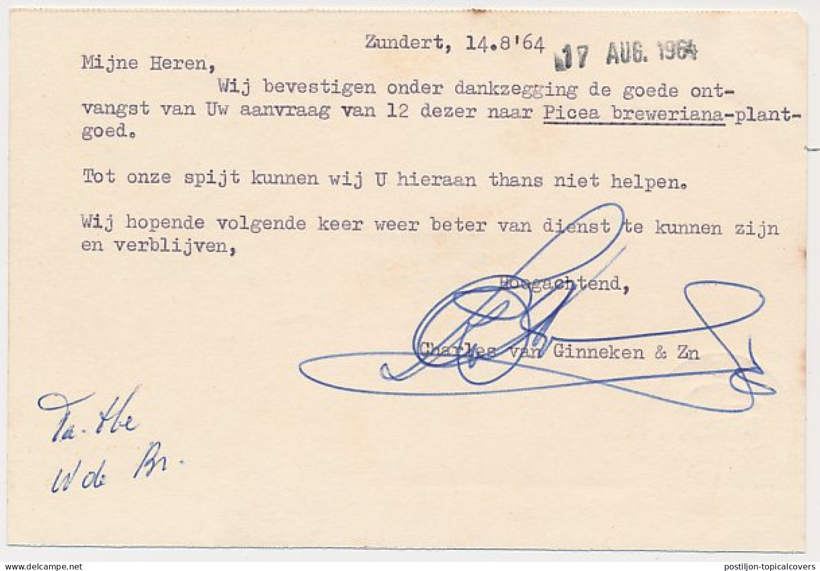 Firma Briefkaart Zundert 1964 - Boomkwekerijen - Unclassified