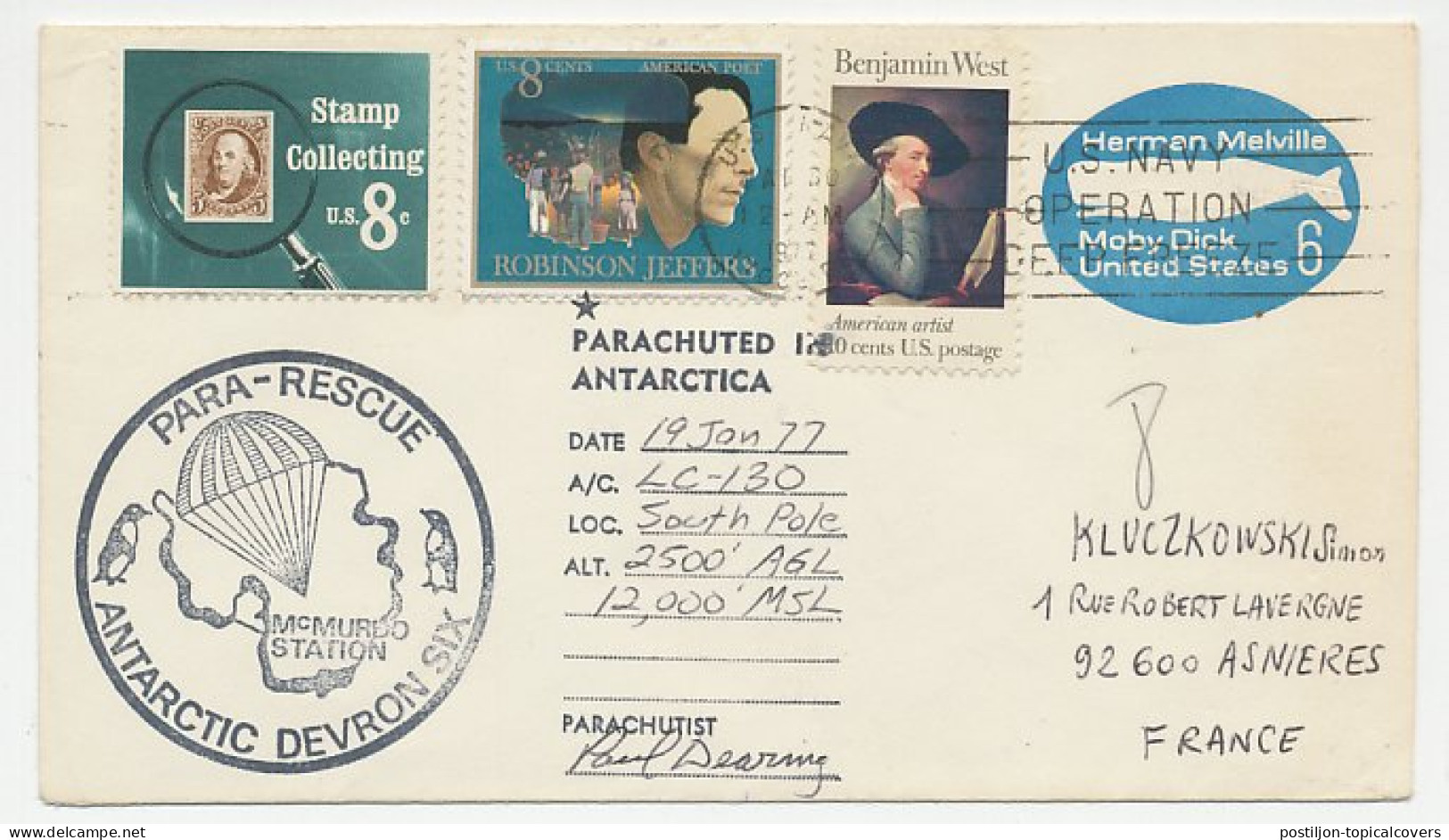 Cover / Postmark / Cachet USA 1977 Parachute Rescue - Penguin - Arctic Expeditions