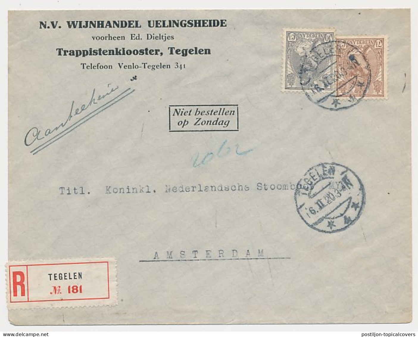 Niet Bestellen Op Zondag - Aangetekend Tegelen - Amsterdam 1920 - Briefe U. Dokumente