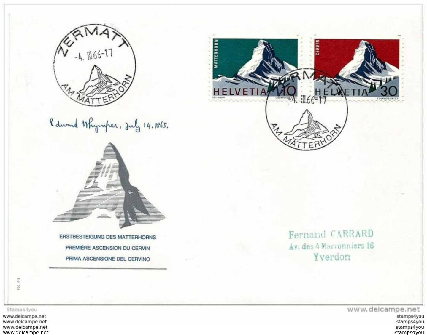 166 - 41 - Enveloppe Avec Timbres Et Oblit Illustrée De Zermatt "Cervin" 1965 - Marcophilie