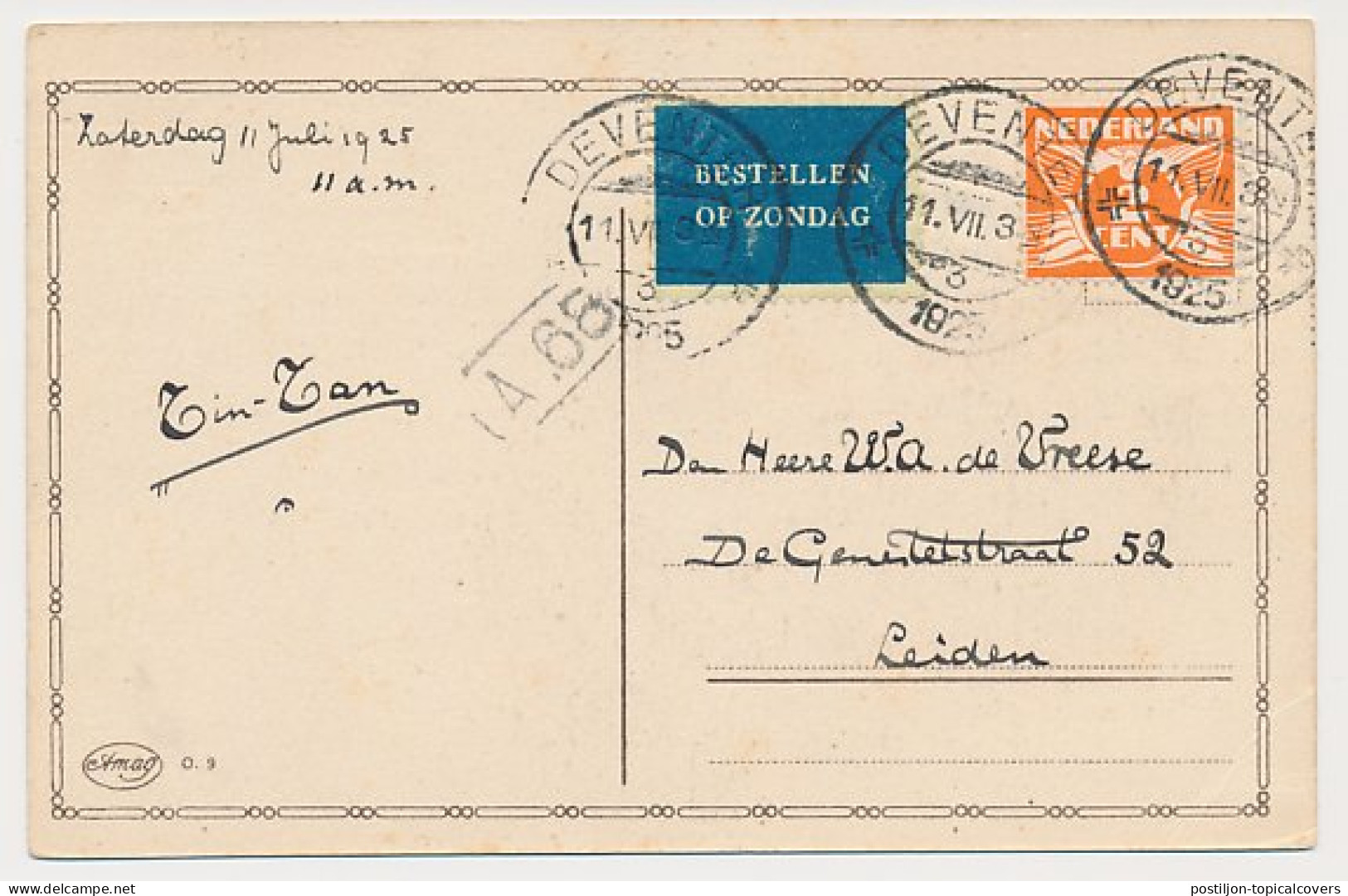 Bestellen Op Zondag - Deventer - Leiden 1925 - Covers & Documents