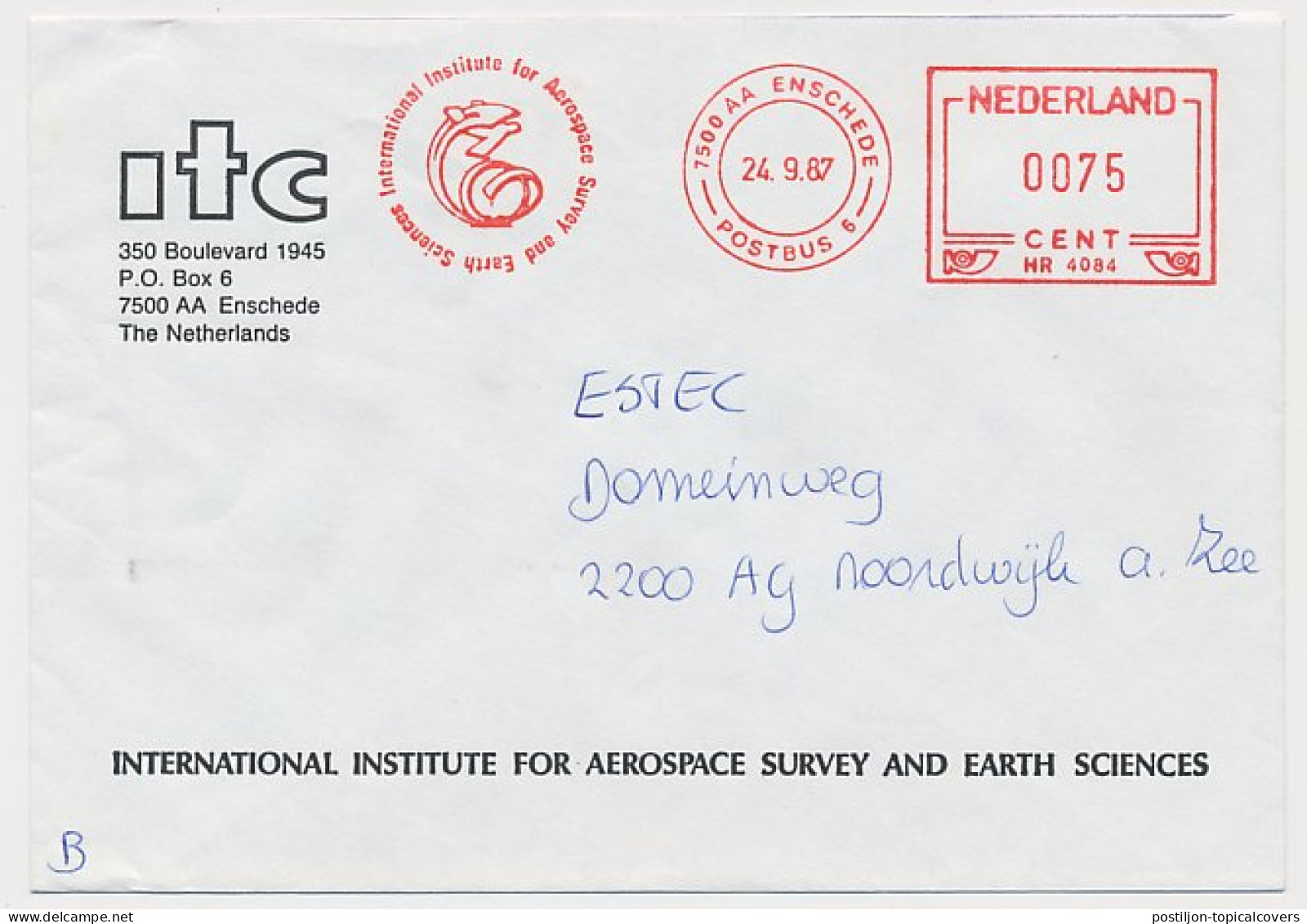 Meter Cover Netherlands 1987 ITC - Int. Institute For Aerospace Survey And Earth Sciences - Astronomy