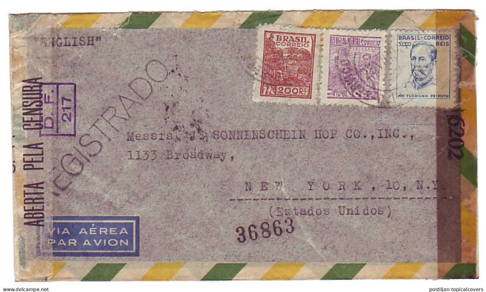 Censored Cover Brazil - USA 1944  - WO2