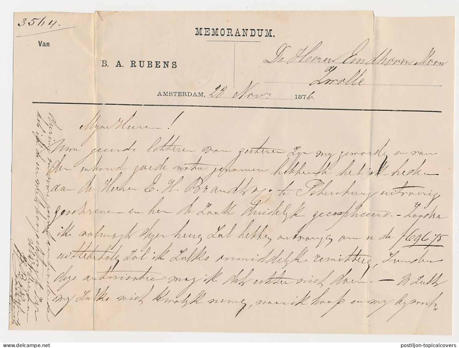 Trein Haltestempel Amsterdam 1876 - Briefe U. Dokumente