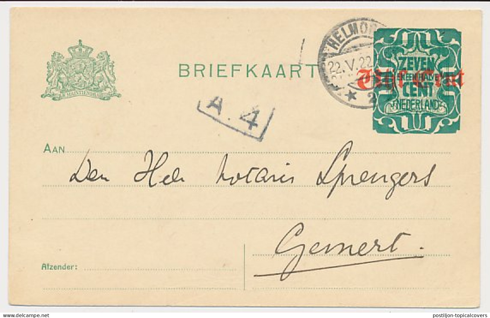 Briefkaart G. 183 II Helmond - Gemert 1922 - Entiers Postaux