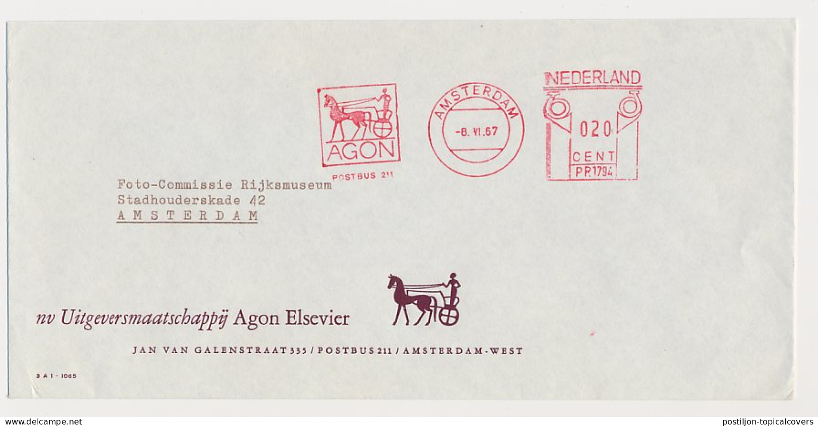 Meter Cover Netherlands 1967 Horse - Greek Chariot - Agon - Amsterdam - Horses