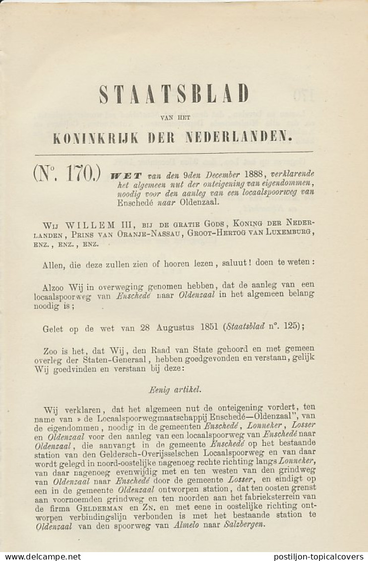 Staatsblad 1888 : Spoorlijn Enschede - Oldenzaal - Documents Historiques