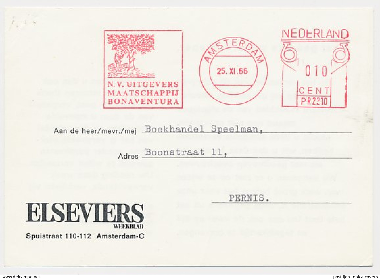 Meter Card Netherlands 1965 Book Reading - Publisher - Non Solus / Not Alone - Tree - Unclassified