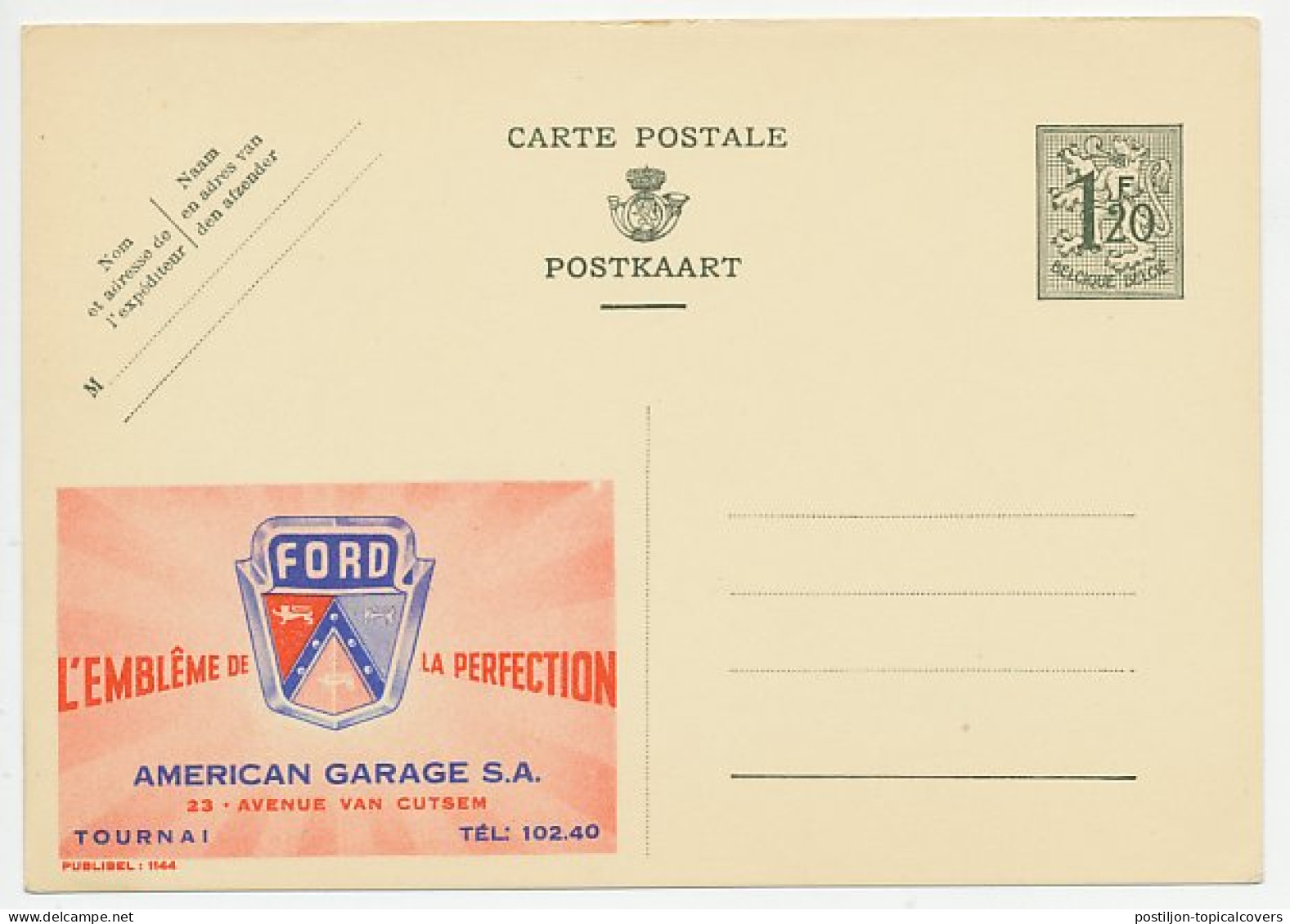 Publibel - Postal Stationery Belgium 1952 Car - Ford - Auto's