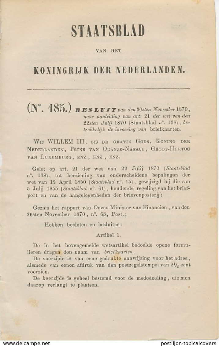 Staatsblad 1870 : Invoering Briefkaarten - Cartas & Documentos