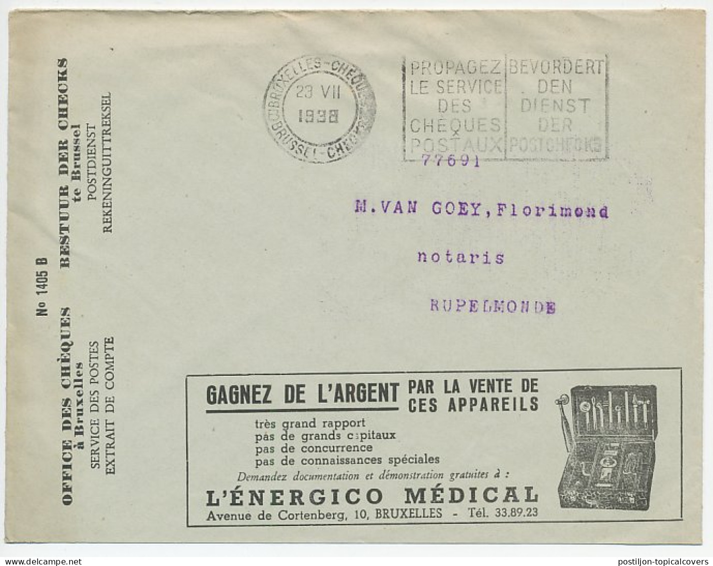 Postal Cheque Cover Belgium 1938 Medical Instruments - Ferry Boat - Oostende - Dover - Andere & Zonder Classificatie