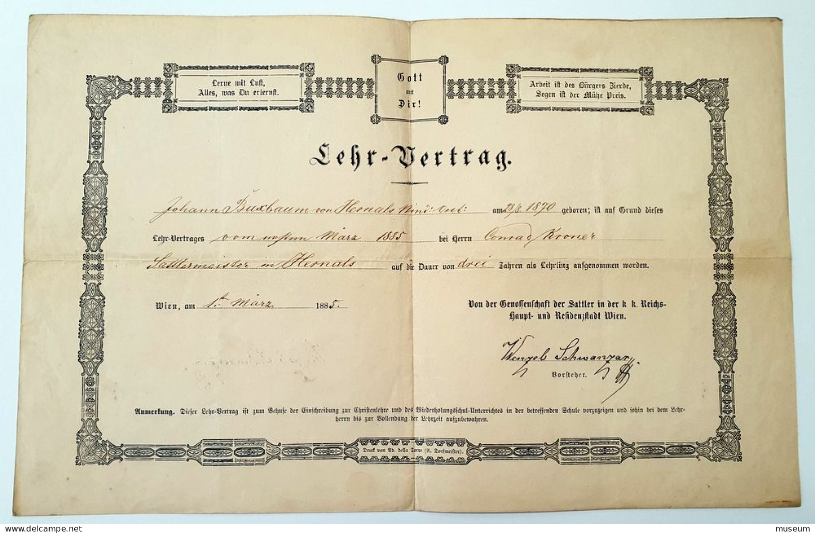 Lehr-Vertrag Bei Sattlermeister, In Wien Hernals, 1885 - Documents Historiques