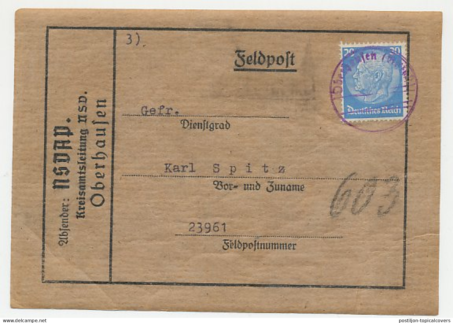 Packet Label Oberhausen - Feldpost Germany WWII NSDAP - Fieldpost  - Guerre Mondiale (Seconde)
