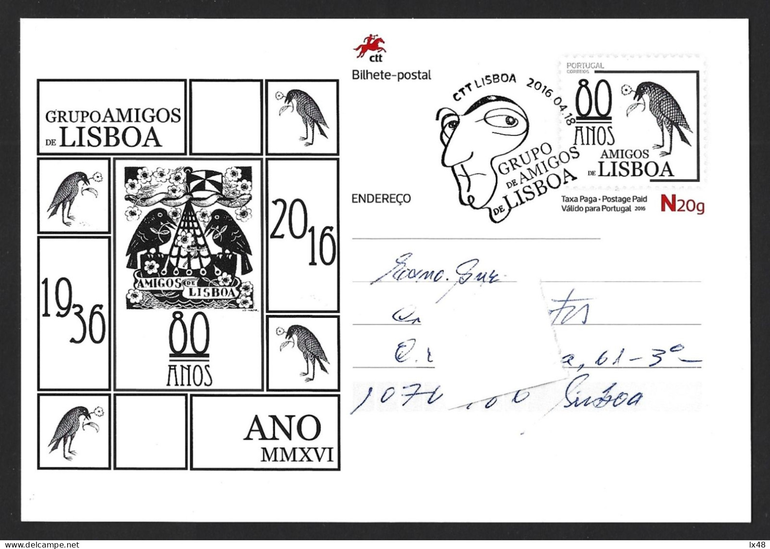 Crow. Entire Postcard 80th Years Of Group Of Friends Of City Of Lisbon. Crow From S. Vicente Caravel. Almada Negreiros - Autres & Non Classés