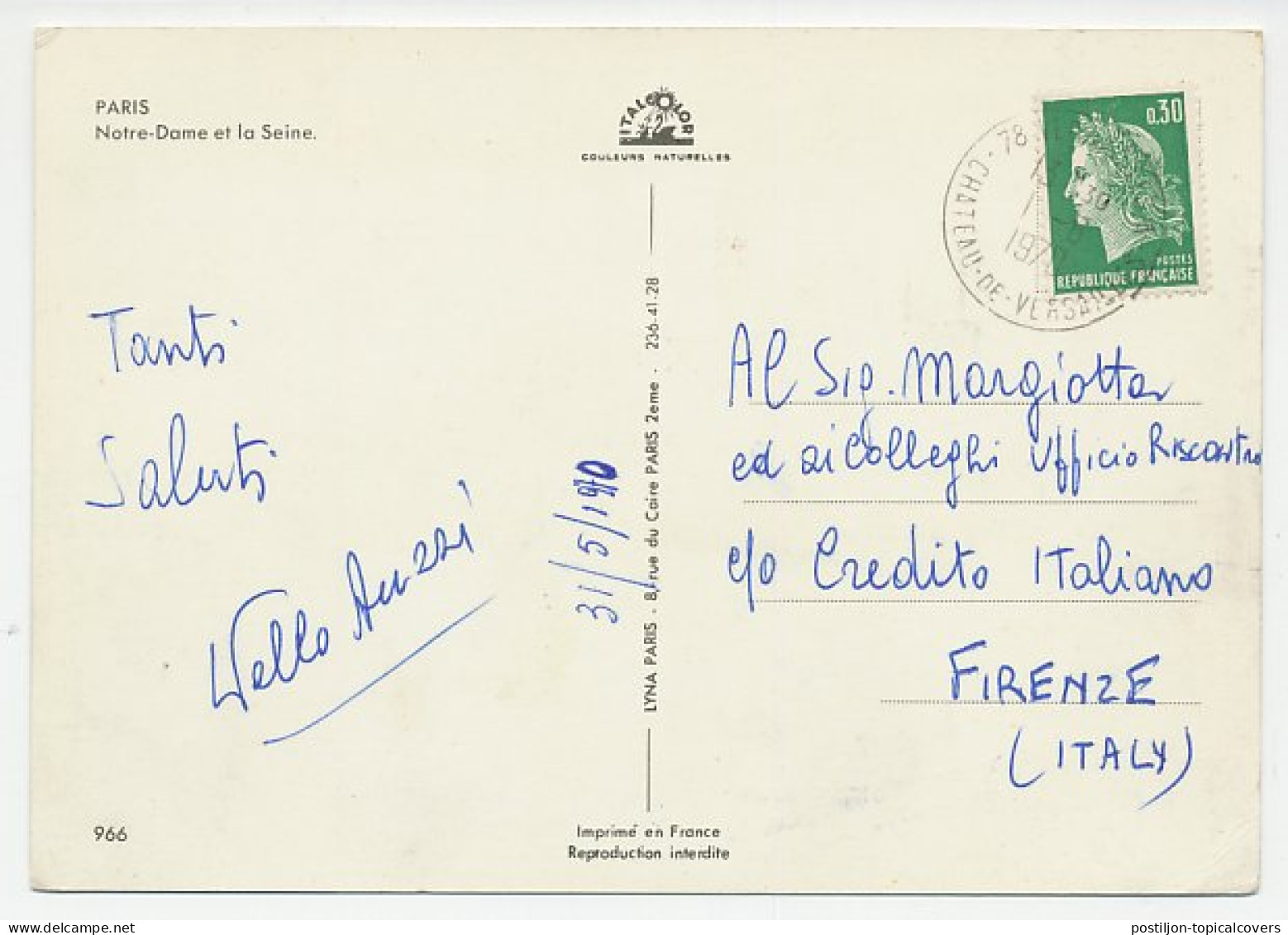 Postcard - Postmark France 1970 Chateau De Versailles - Castles