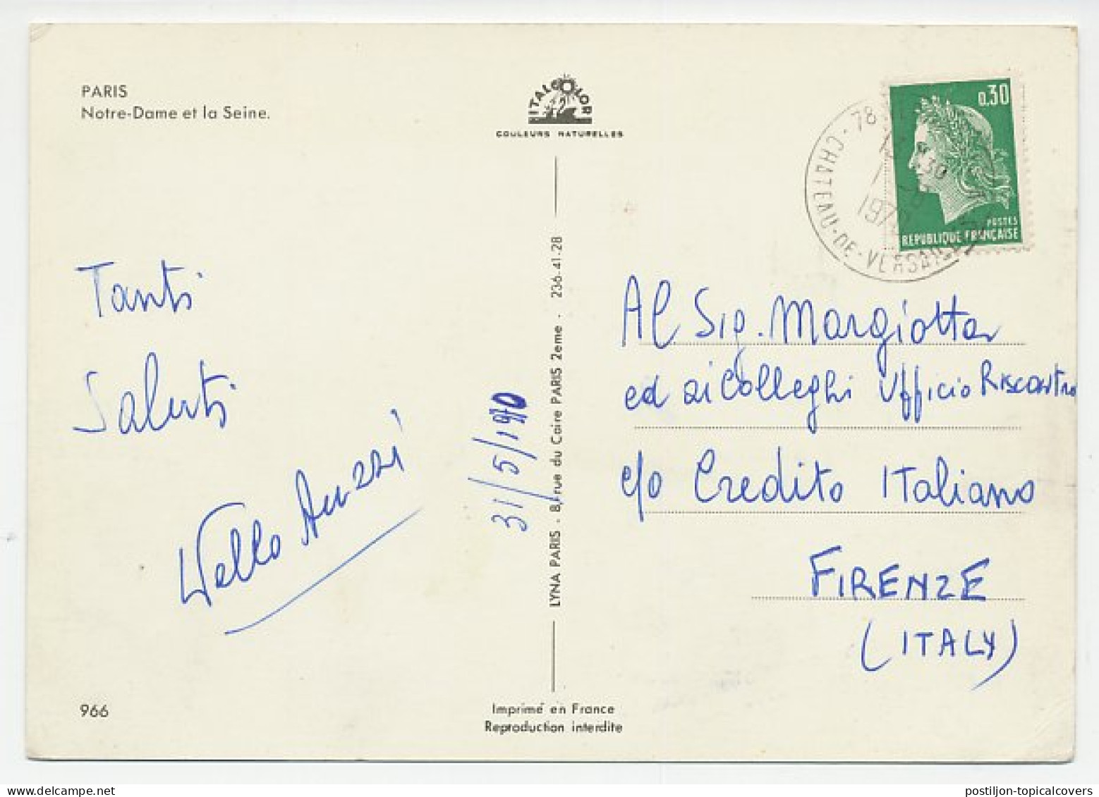 Postcard - Postmark France 1970 Chateau De Versailles - Châteaux