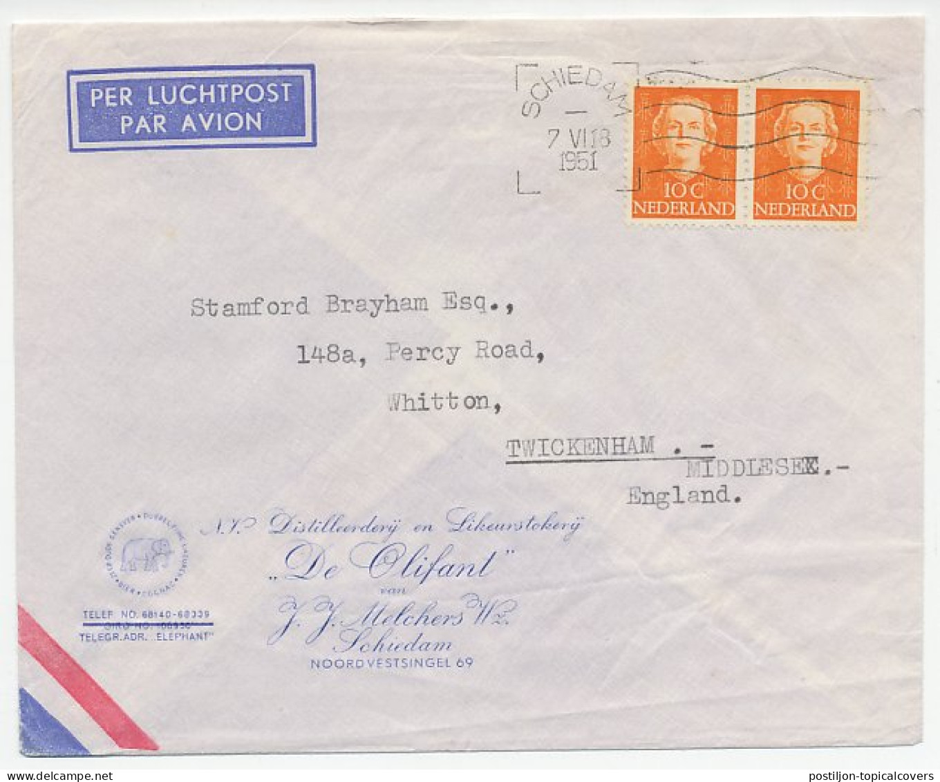 Firma Envelop Schiedam 1951 - Distilleerderij De Olifant  - Zonder Classificatie