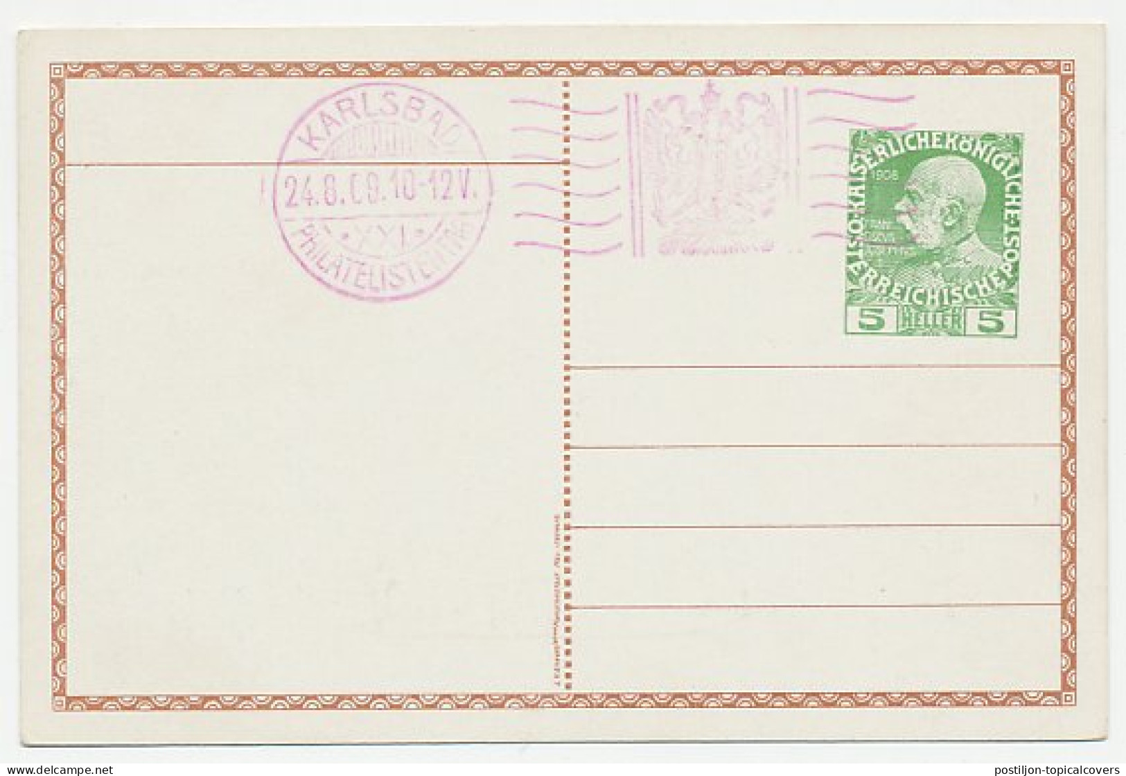 Postal Stationery Austria 1909 Fountain - Philatelic Day Karlsbad - Non Classés