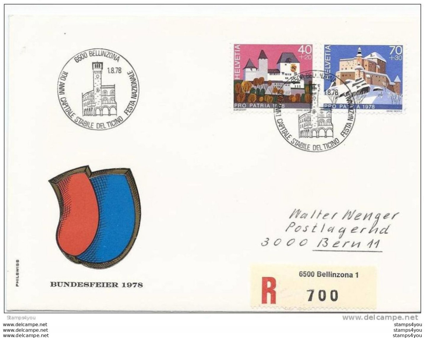 190 - 3 -  Enveloppe Recommandée Avec Oblit Spéciale "Fête Nationale 1978 Bellinzona" - Marcophilie