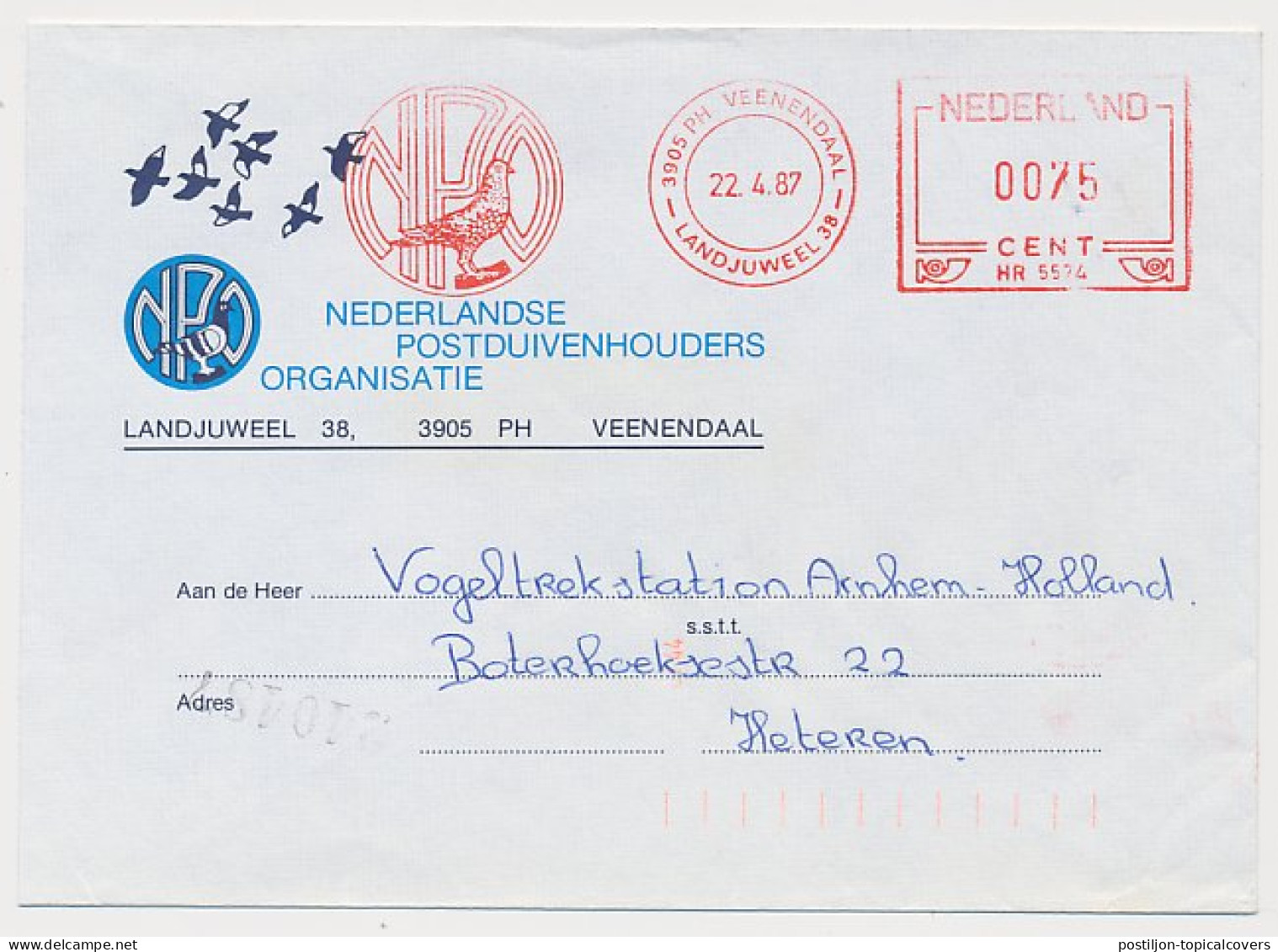 Meter Cover Netherlands 1987 Bird - Dutch Carrier Pigeon Organisation - Andere & Zonder Classificatie