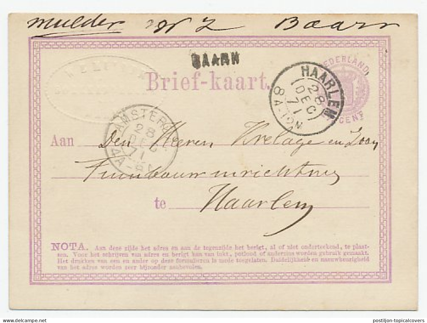Naamstempel Baarn 1871 - Lettres & Documents