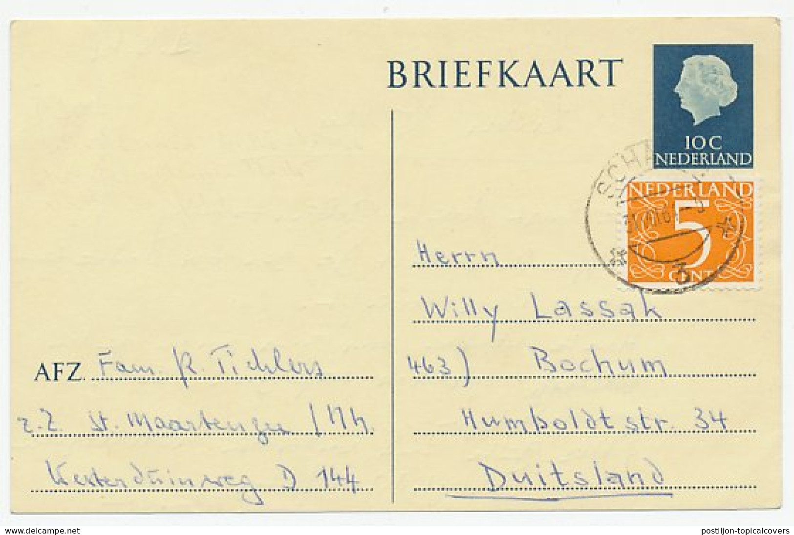 Briefkaart G. 330 / Bijfrankering Schagen - Duitsland 1964 - Entiers Postaux