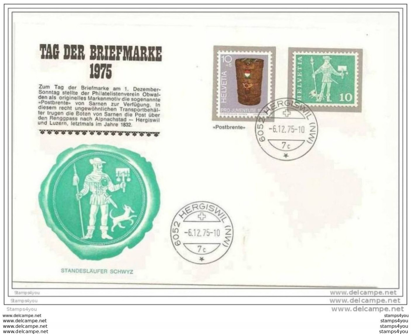 190 - 7 - Enveloppe Suisse Journée Du Timbre 1975 - Oblitération D'Hergiswil - Marcophilie