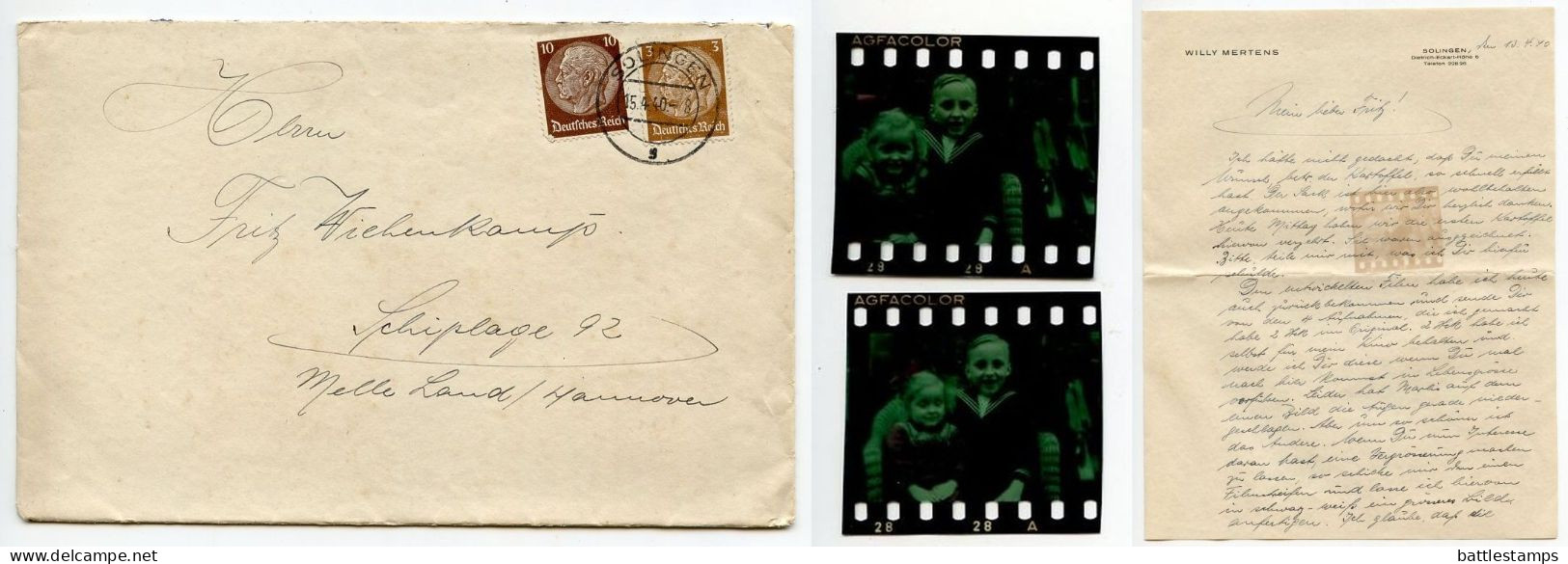 Germany 1940 Cover W/ Letter & Color Film Negatives; Solingen - Willy Mertens To Schiplage; Hindenburg Stamps - Briefe U. Dokumente