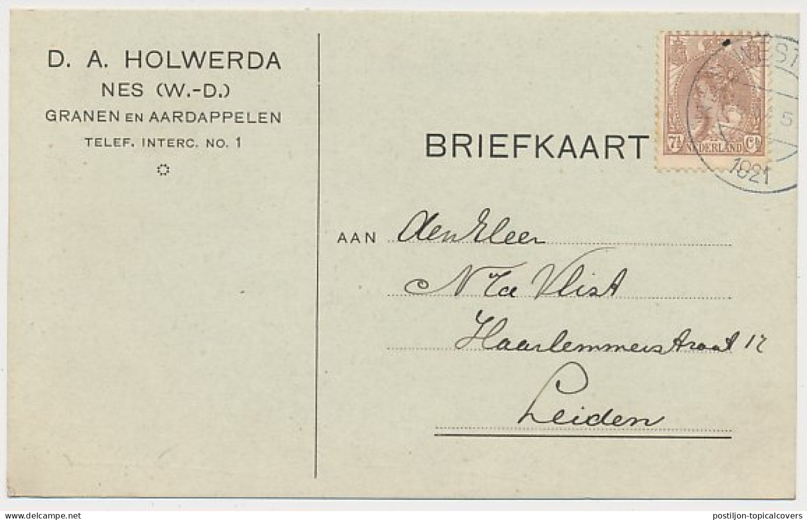 Firma Briefkaart Nes West Dongeradeel 1921 - Granen- Aardappelen - Ohne Zuordnung