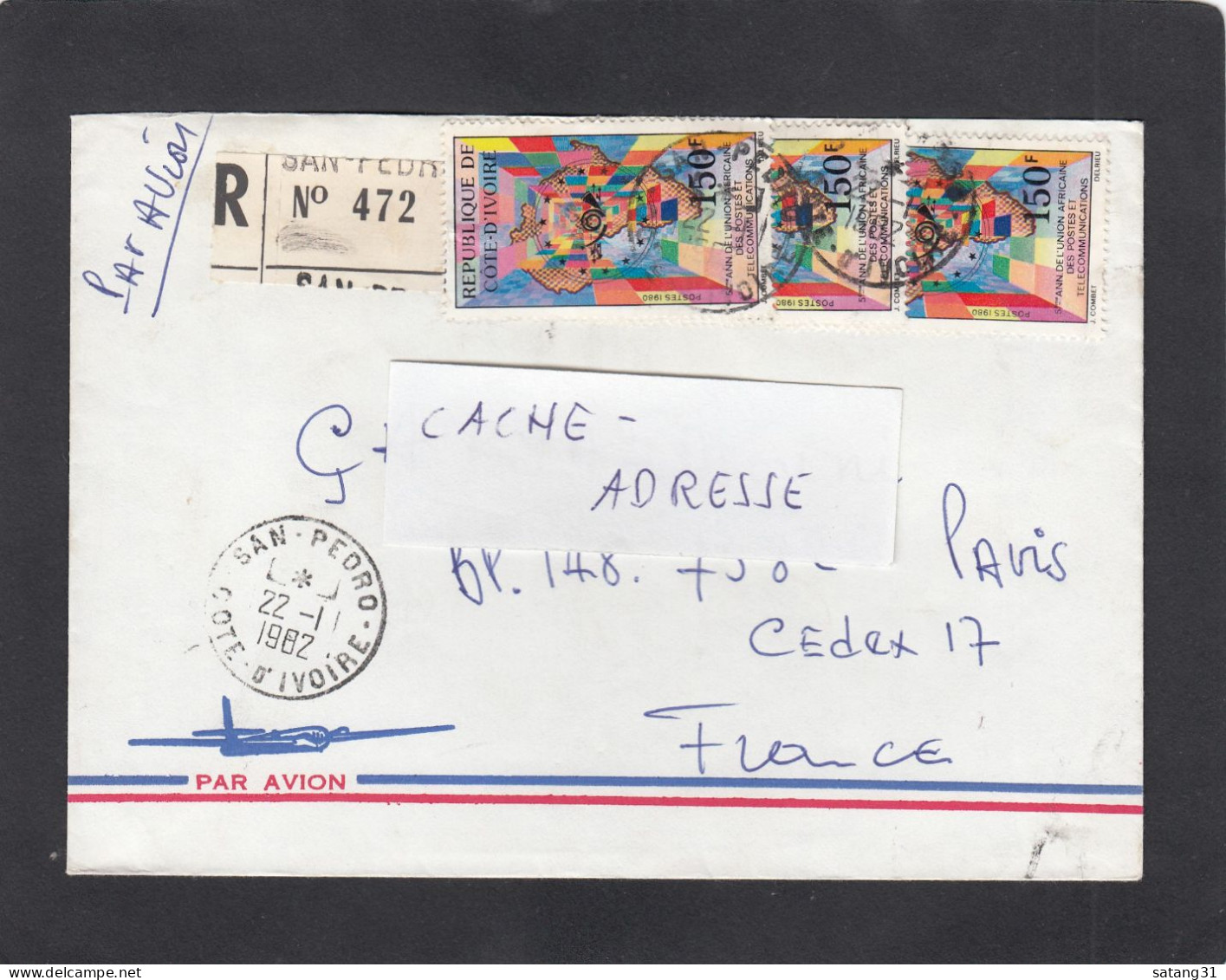 LETTRE RECOMMANDEE DE SAN PEDRO  AVEC TIMBRES " UNION AFRICAINE DES PTT ".1982. - Côte D'Ivoire (1960-...)