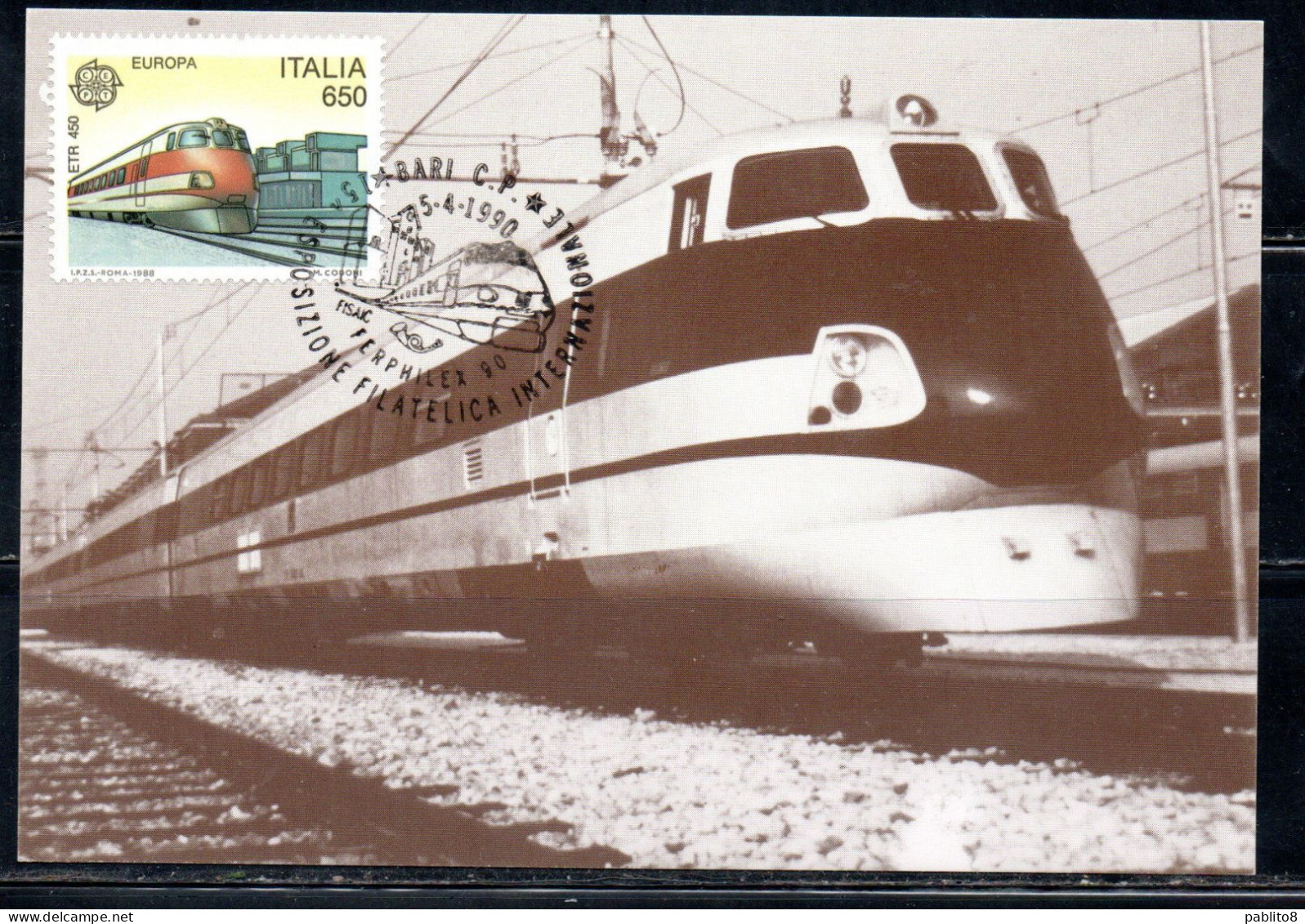 ITALIA REPUBBLICA ITALY REPUBLIC 1988 EUROPA CEPT MEZZI DI TRASPORTO TRAIN LIRE 650 CARTOLINA MAXI MAXIMUM CARD - Maximum Cards