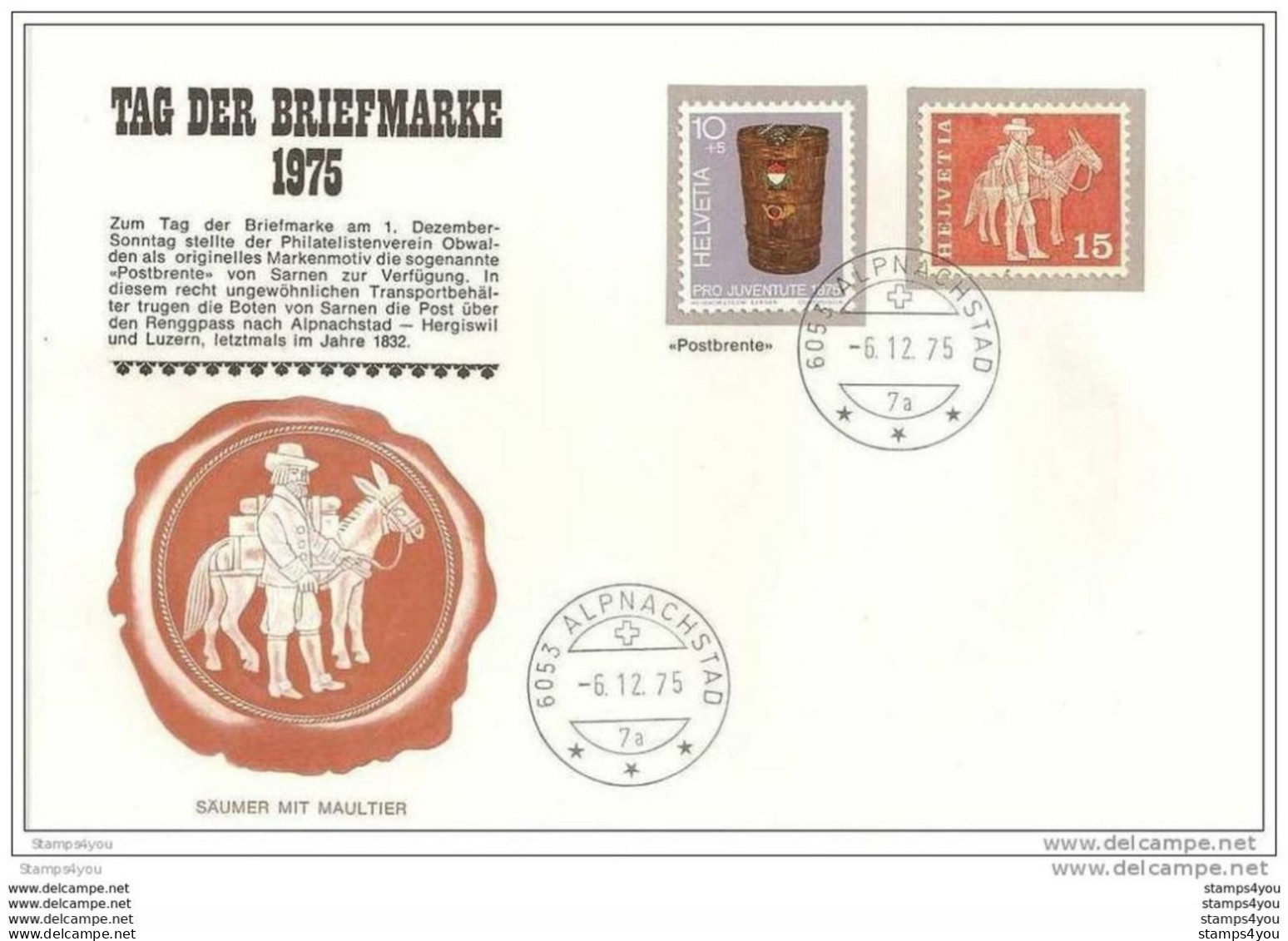 190 - 8 - Enveloppe Suisse Journée Du Timbre 1975 - Oblitération D'Alpnachstad - Postmark Collection