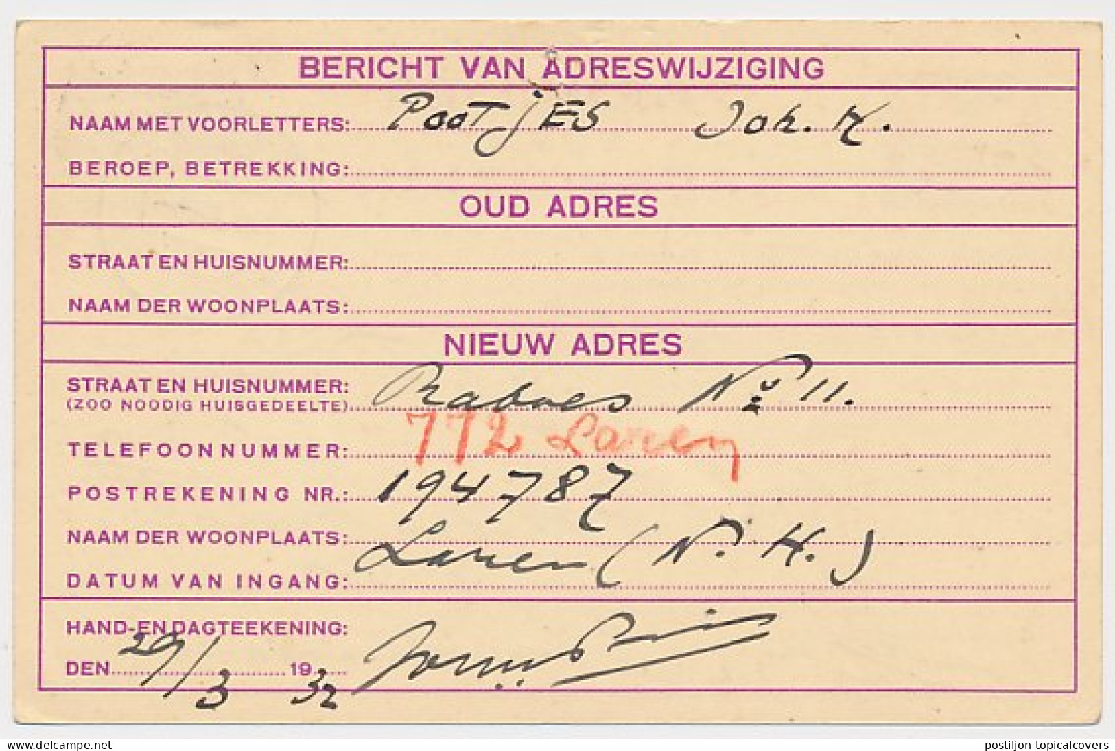 Verhuiskaart G. 10 Laren - Amsterdam 1932 - Entiers Postaux