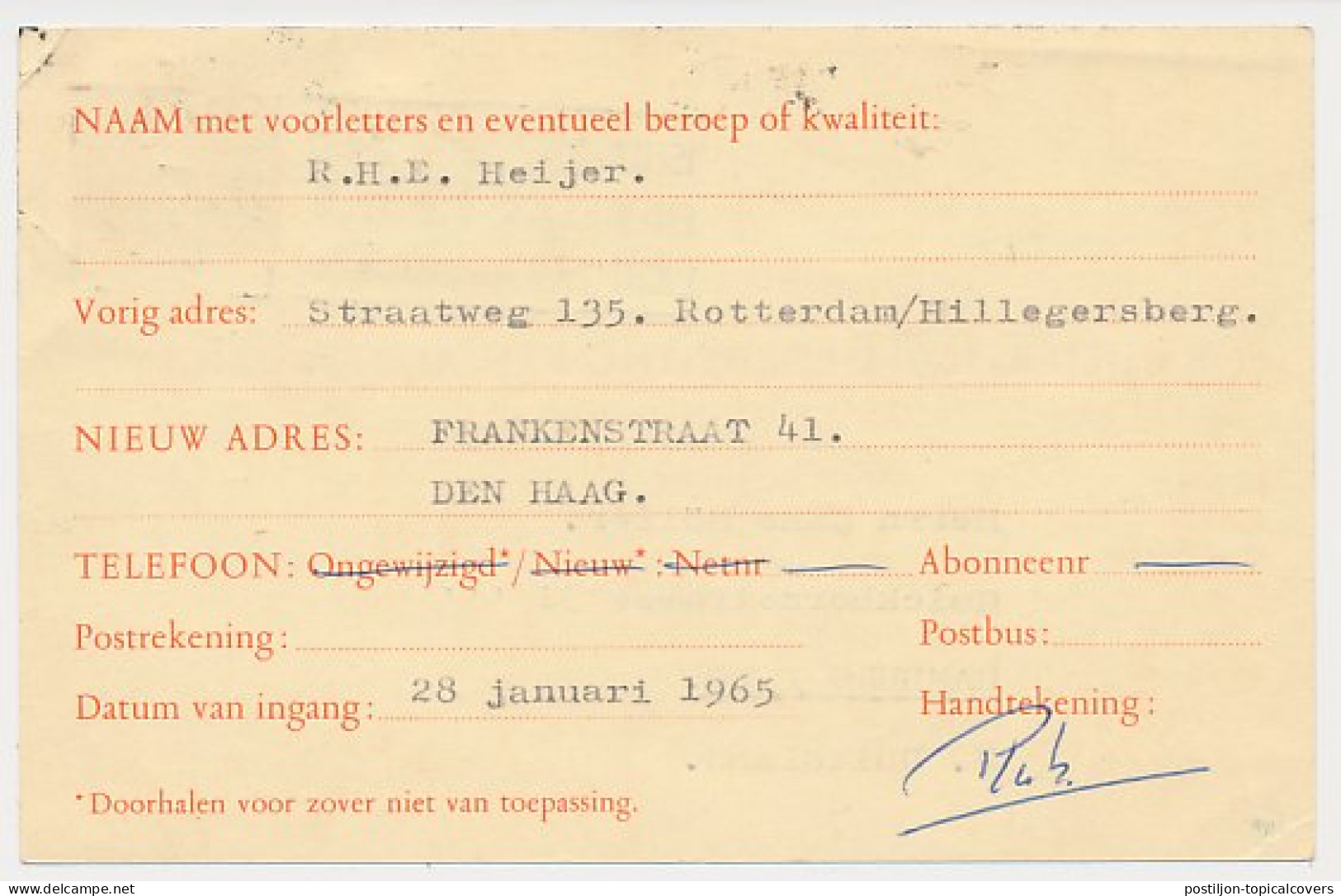 Verhuiskaart G. 30 Amsterdam - Duitsland 1965 - Buitenland - Ganzsachen