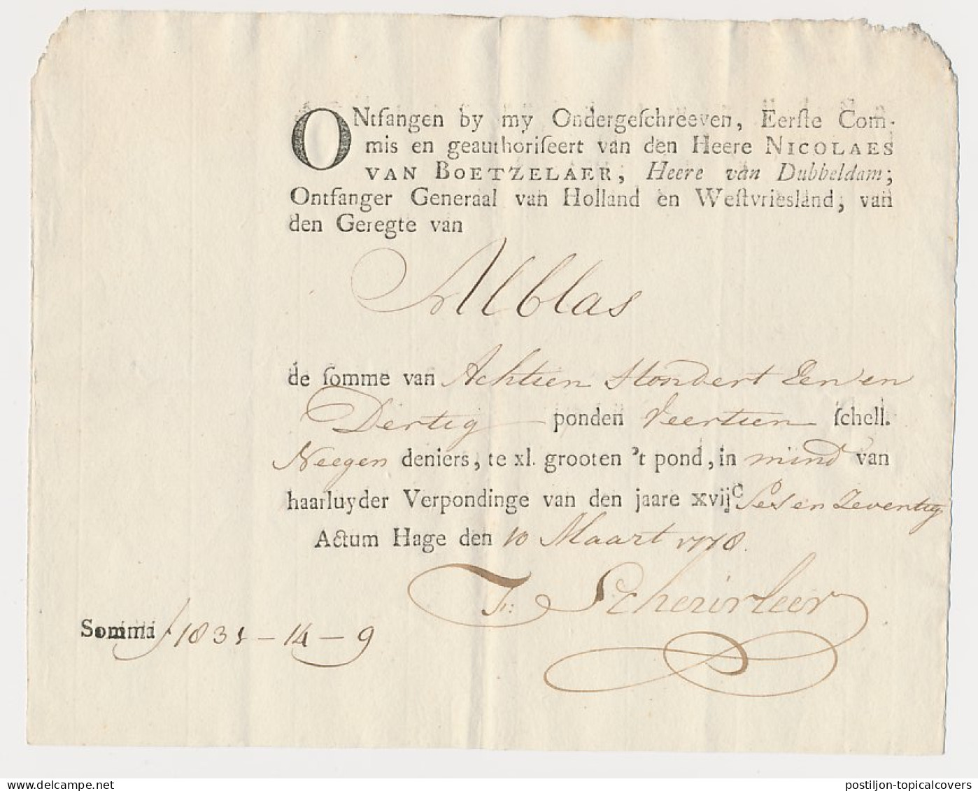 Kwitantie Verpondinge - Den Haag 1778 - Fiscales