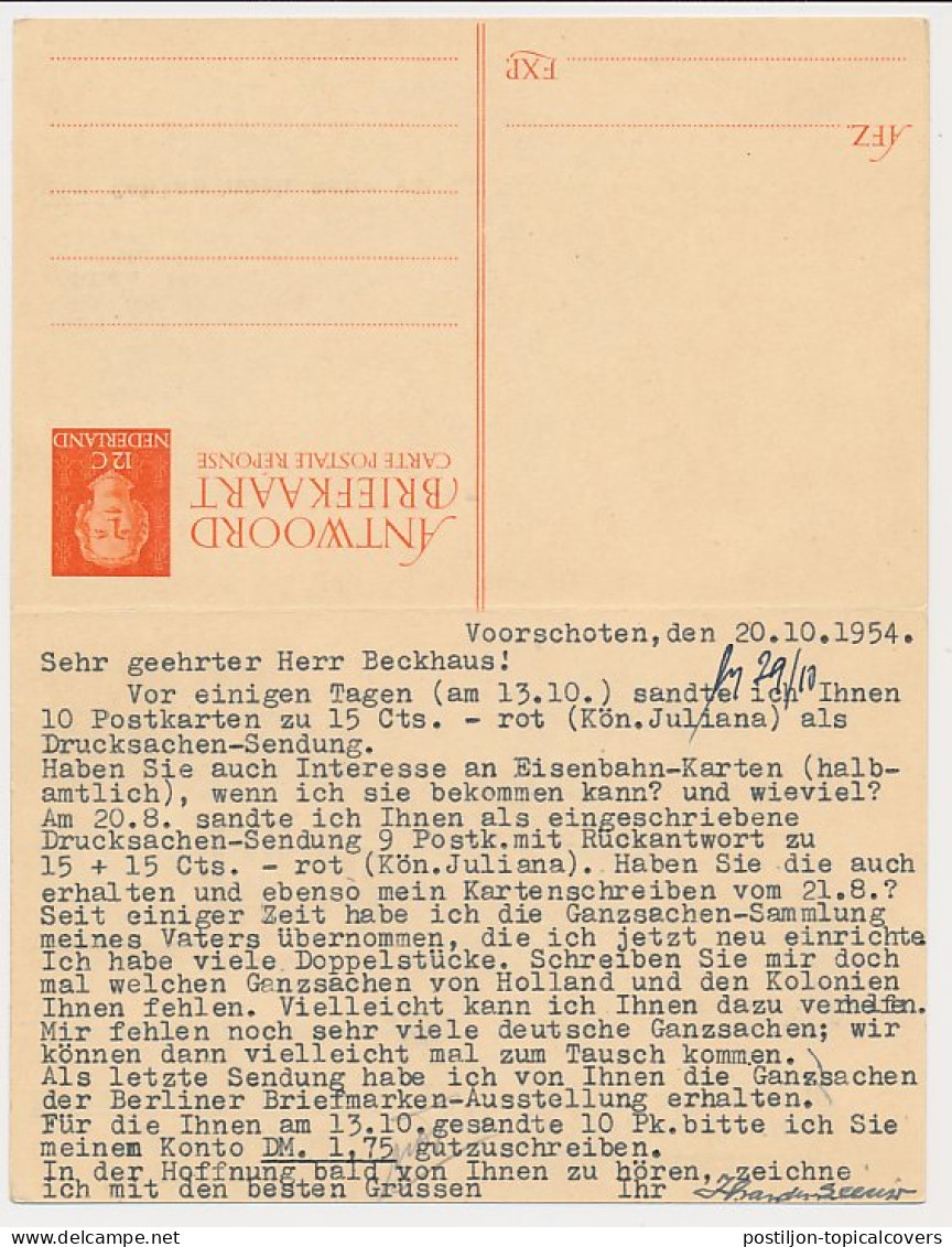 Briefkaart G. 305 / Bijfrankering Den Haag - Duitsland 1954 - Entiers Postaux