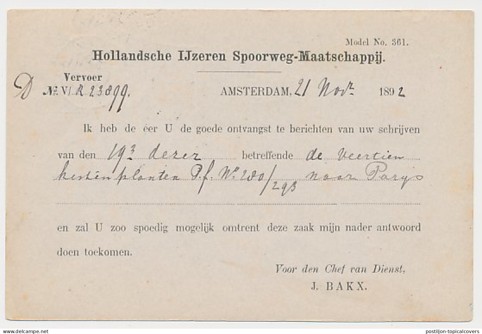 Spoorwegbriefkaart G. HYSM23 D - Amsterdam - Haarlem 1892 - Entiers Postaux