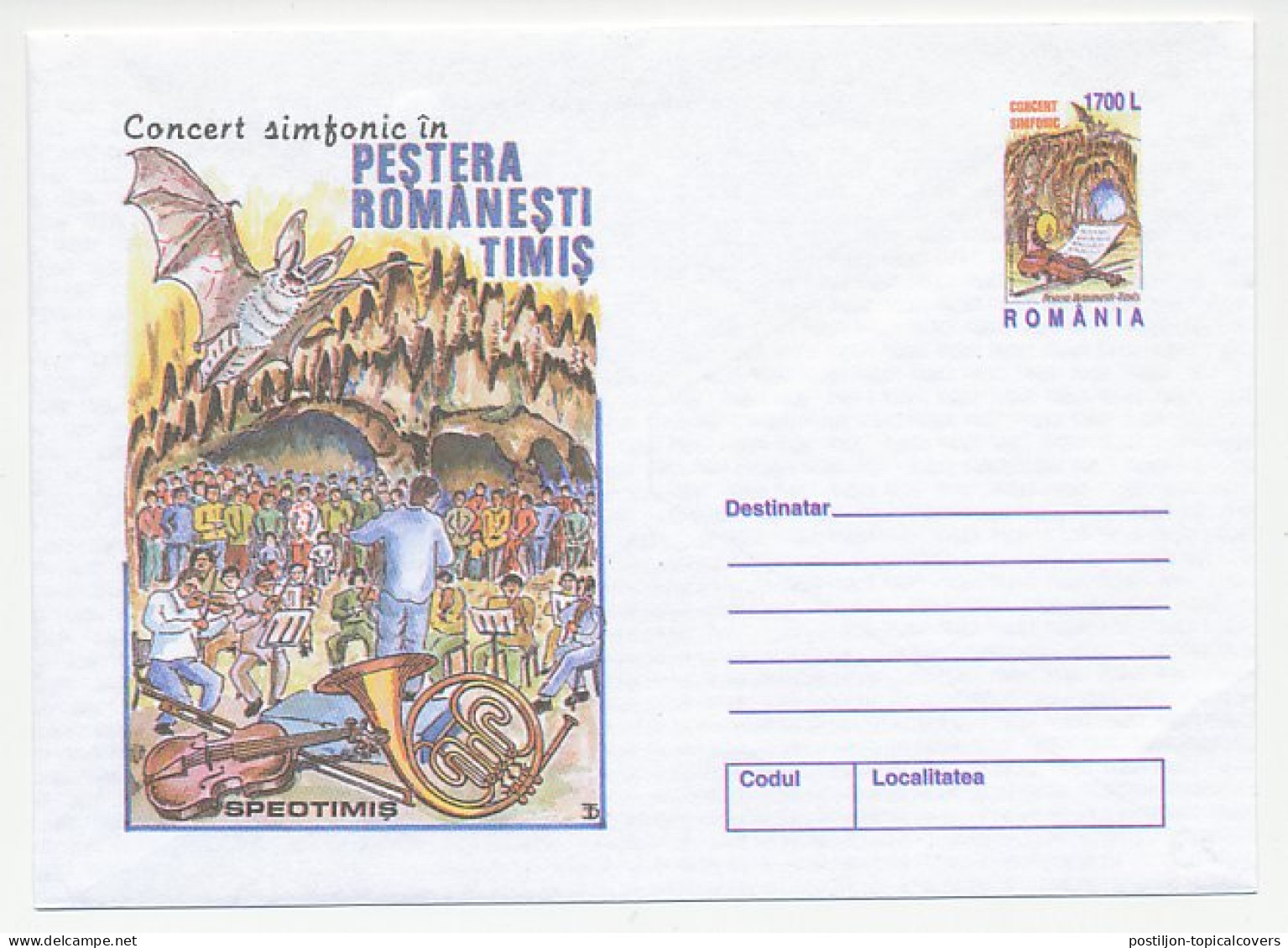 Postal Stationery Romania 2000 Concert Symfonic - Violin - Horn - Bat - Musique