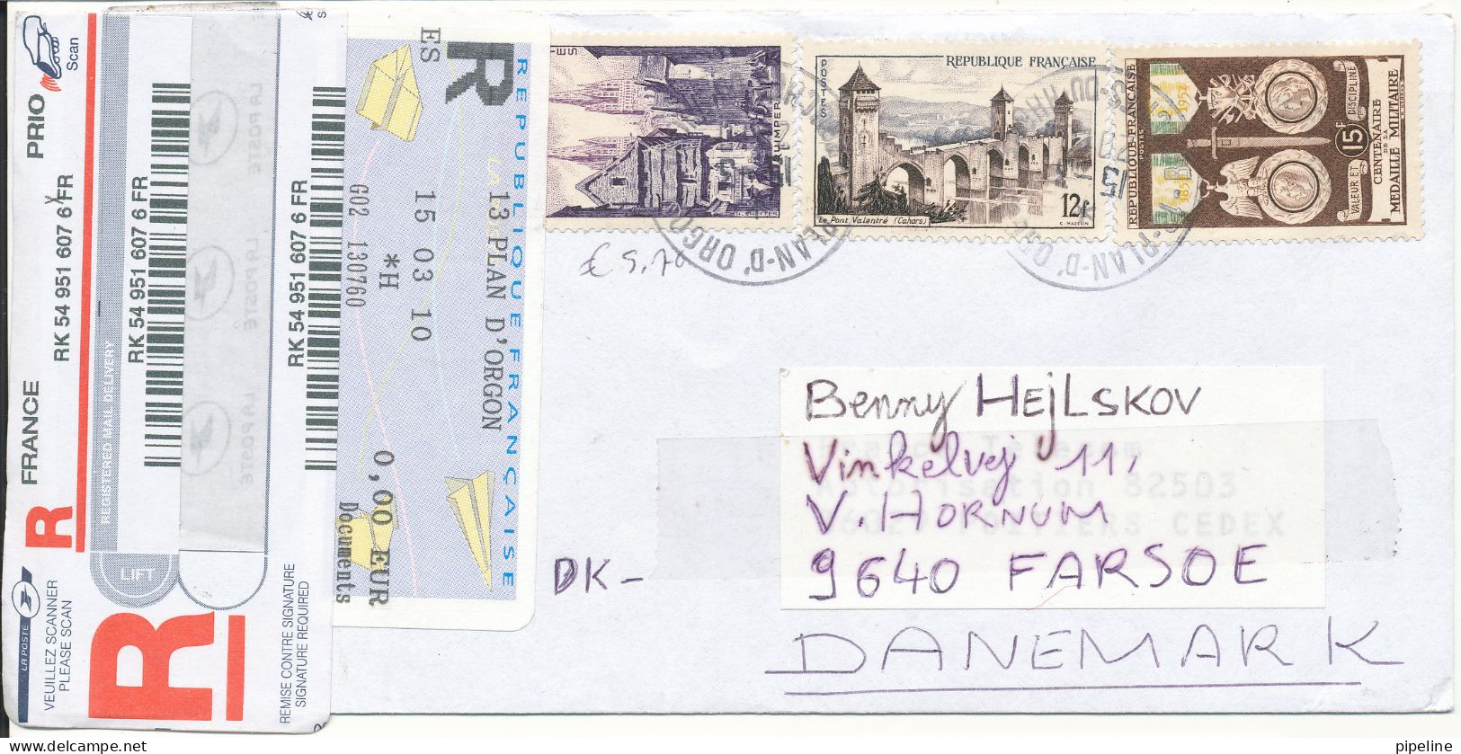 France Registered Cover Sent To Denmark 15-3-2010 With More Stamps - Covers & Documents