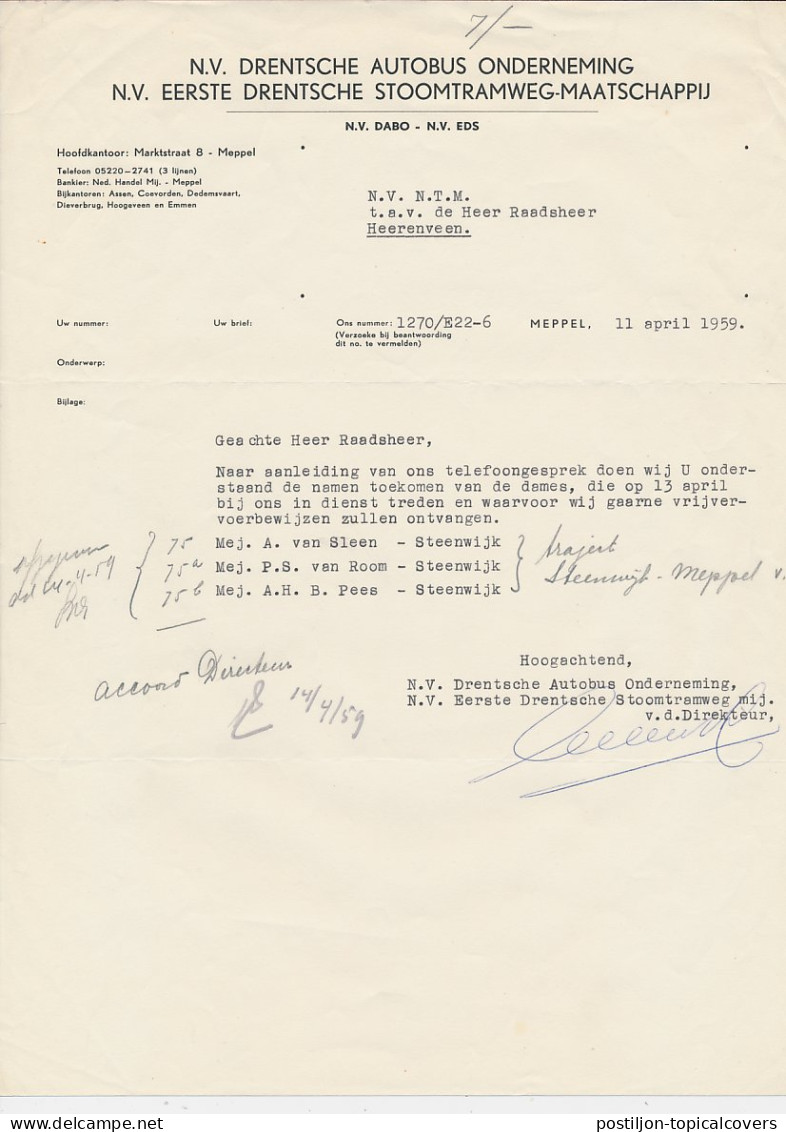 Brief Meppel 1959 - Eerste Drentsche Stoomtramweg Maatschappij  - Niederlande