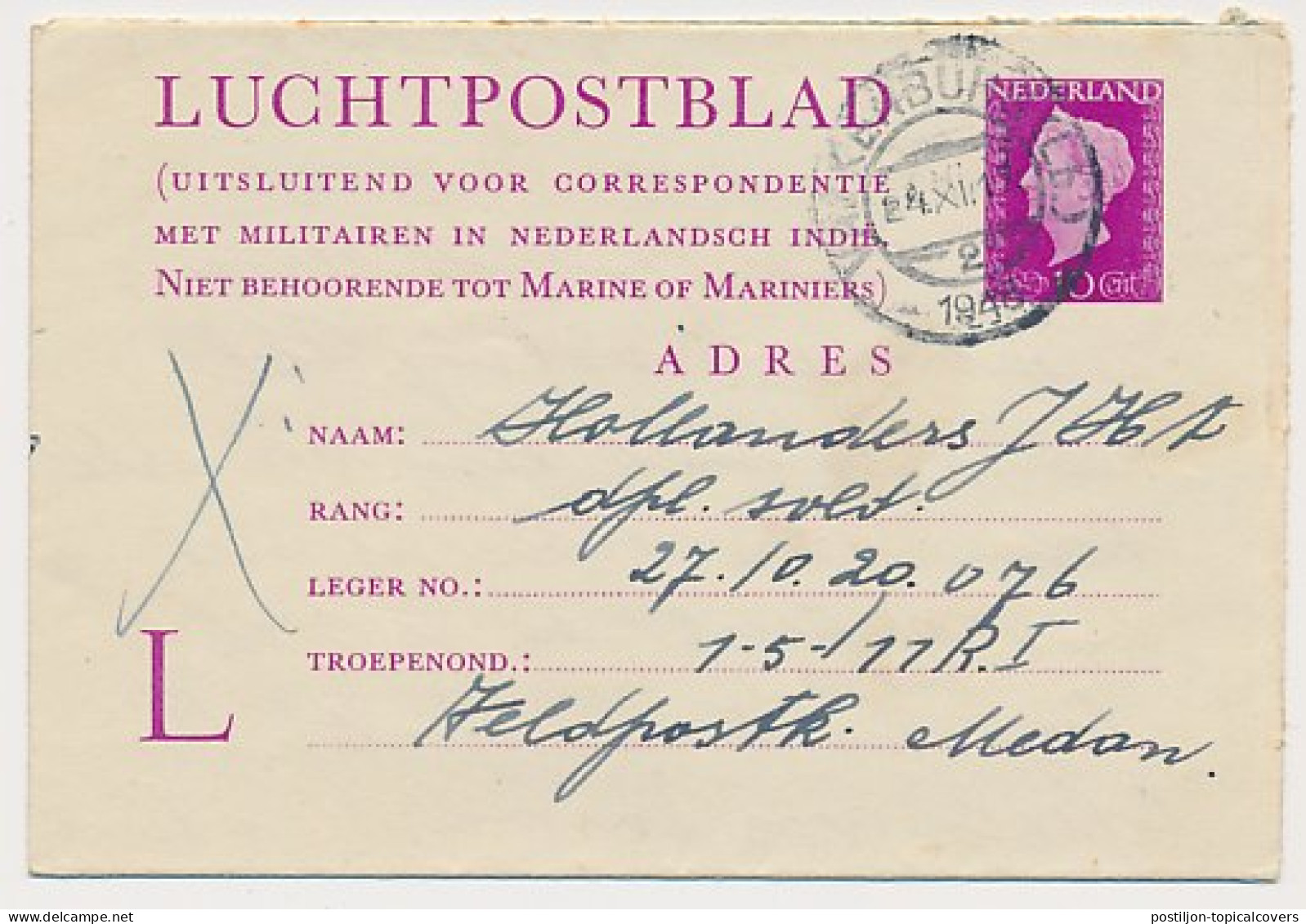 Luchtpostblad G. 2 A Valkenburg - Medan Ned. Indie 1948 - Postal Stationery