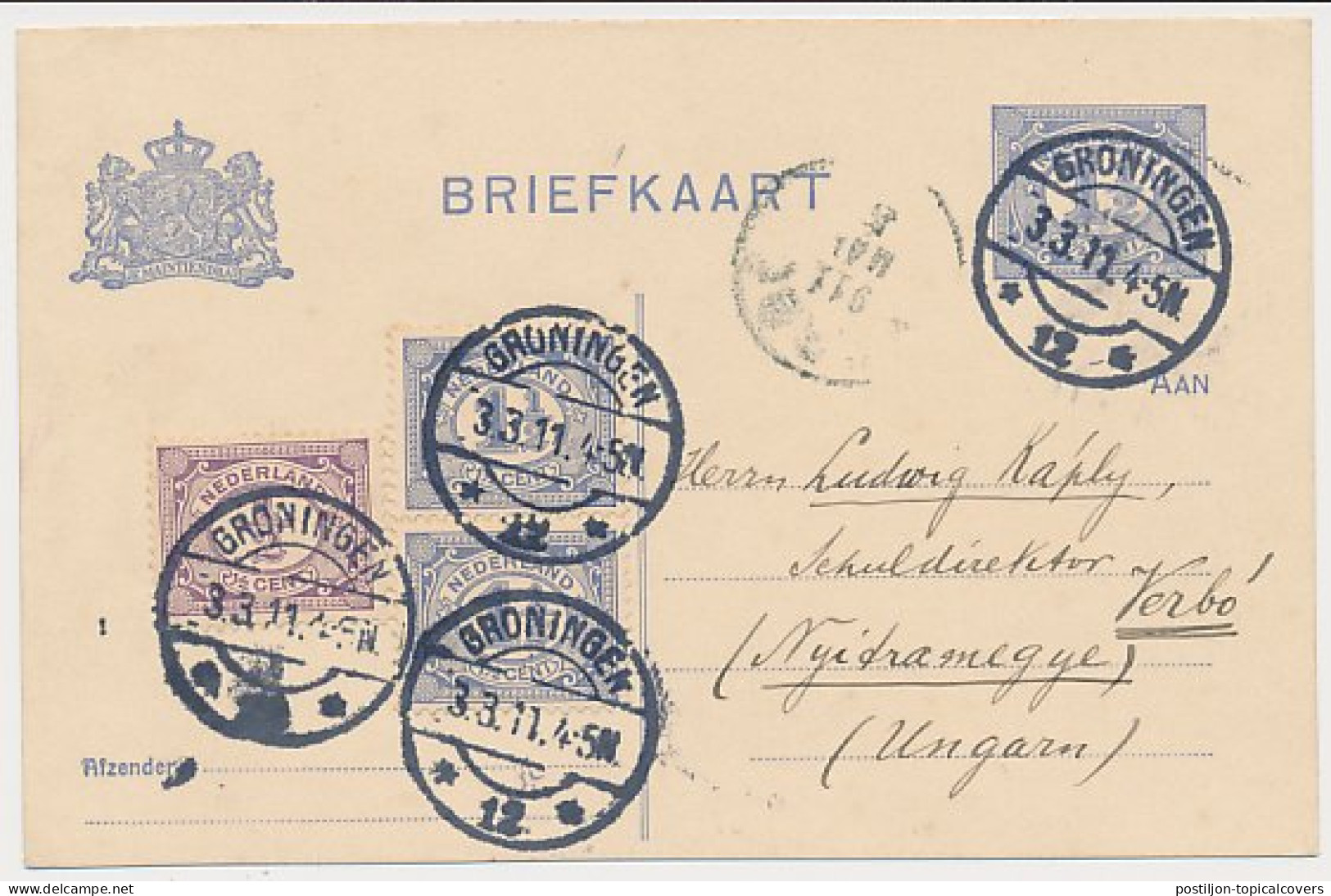 Briefkaart G. 78 I / Bijfrankering Groningen - Hongarije 1911 - Entiers Postaux
