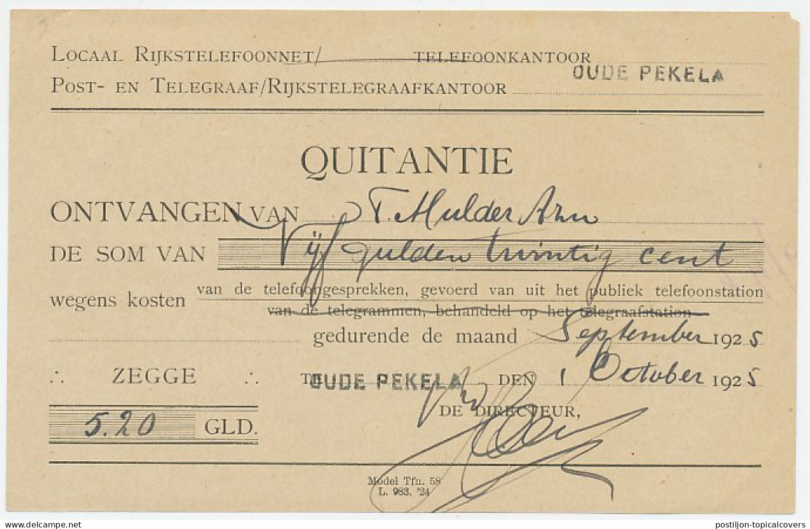 Telegraaf Kwitantie Oude Pekela 1925 - Ohne Zuordnung